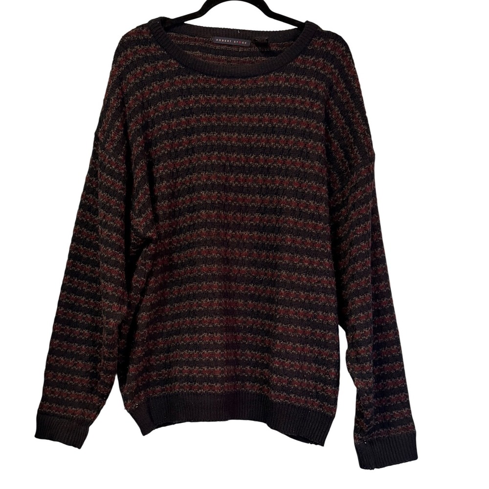 Vintage Robert Stock Mens XXL Striped Crewneck Sweater Black Burgundy Grey Knit